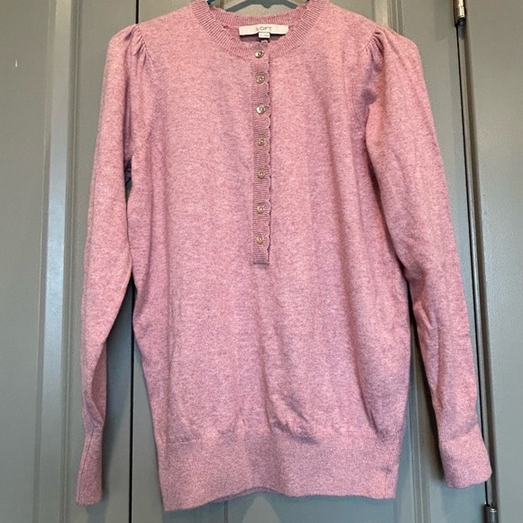 Loft Petite Small Pink Puff Sleeve Scalloped Henley Sweater with Gold Buttons - Picture 1 of 6
